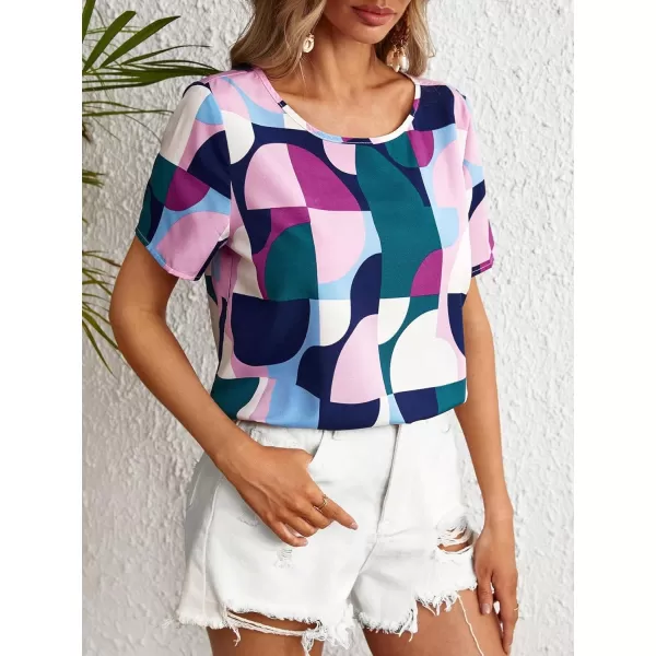 Floerns Women's Short Sleeve Business Casual Tops Graphic Print Office Work Blouse Tops