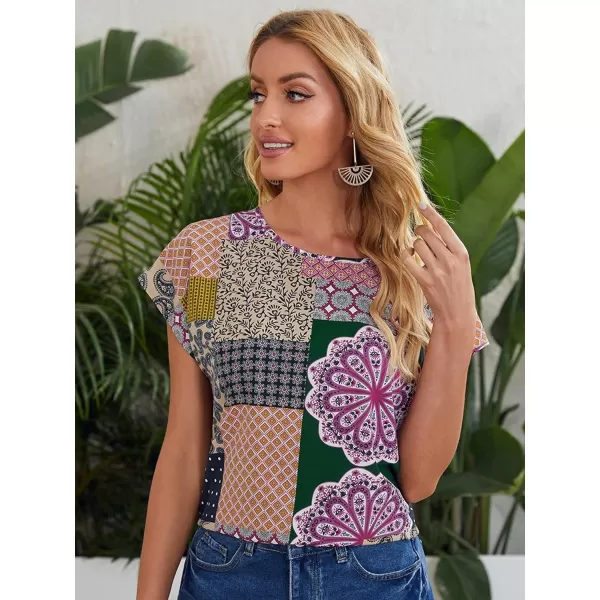 Floerns Women's Short Sleeve Business Casual Tops Graphic Print Office Work Blouse Tops