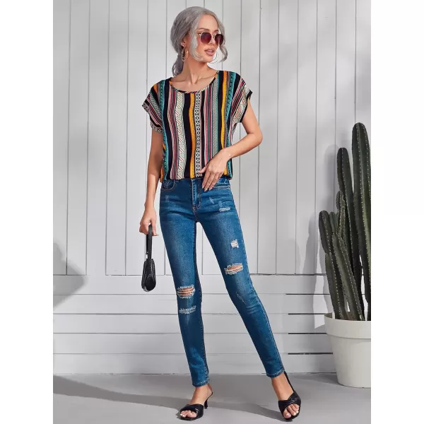 Floerns Women's Short Sleeve Business Casual Tops Graphic Print Office Work Blouse Tops