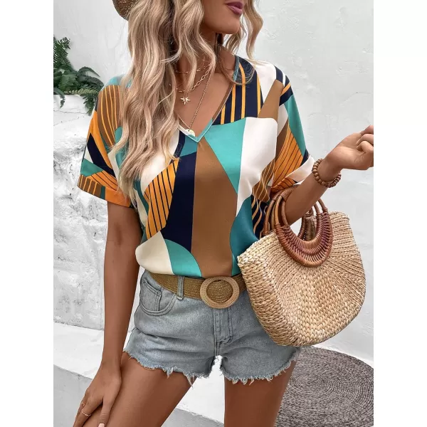 Floerns Women's Short Sleeve Business Casual Tops Graphic Print Office Work Blouse Tops