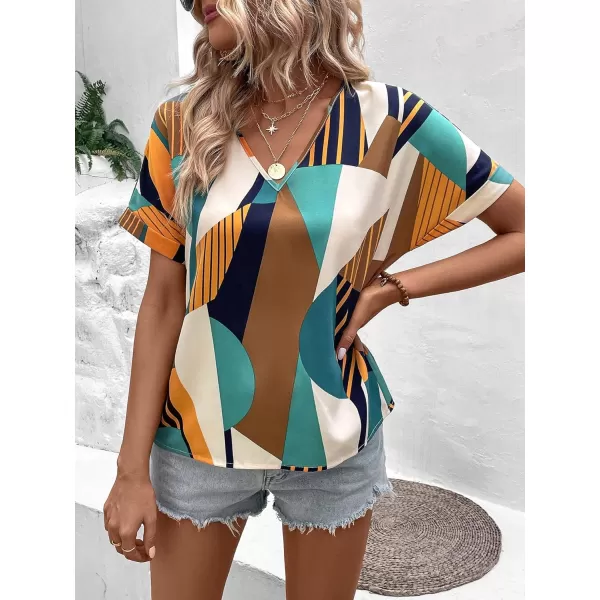 Floerns Women's Short Sleeve Business Casual Tops Graphic Print Office Work Blouse Tops