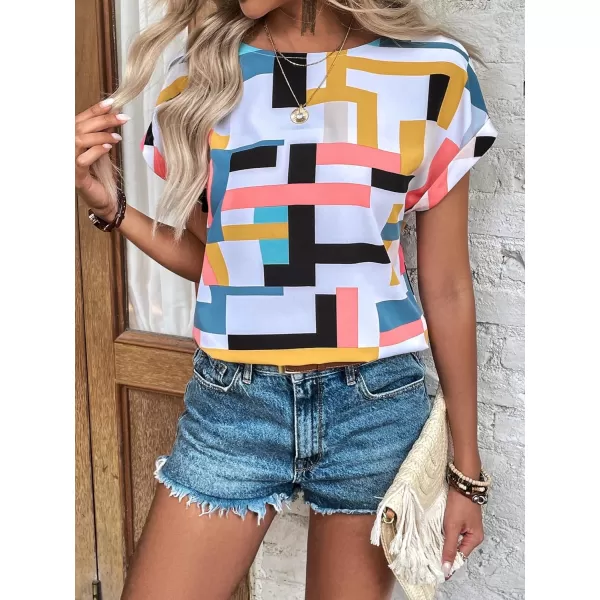 Floerns Women's Short Sleeve Business Casual Tops Graphic Print Office Work Blouse Tops