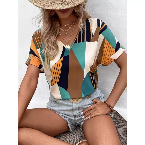 Floerns Women's Short Sleeve Business Casual Tops Graphic Print Office Work Blouse Tops