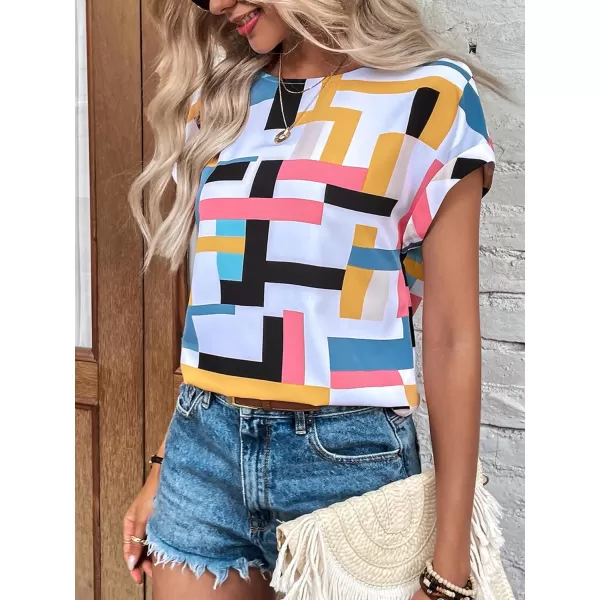 Floerns Women's Short Sleeve Business Casual Tops Graphic Print Office Work Blouse Tops