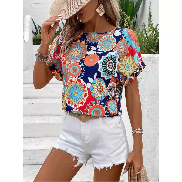 Floerns Women's Short Sleeve Business Casual Tops Graphic Print Office Work Blouse Tops