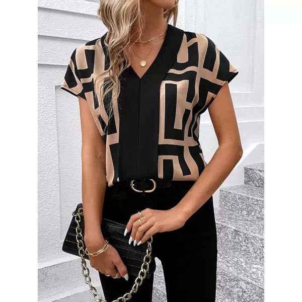 Floerns Women's Short Sleeve Business Casual Tops Graphic Print Office Work Blouse Tops
