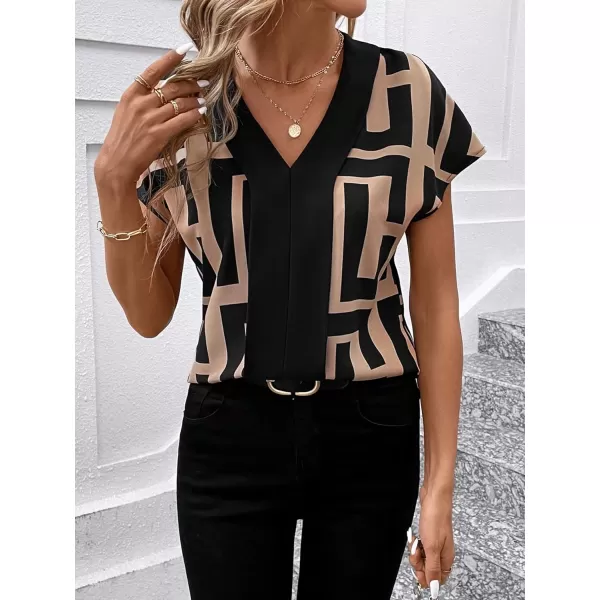 Floerns Women's Short Sleeve Business Casual Tops Graphic Print Office Work Blouse Tops