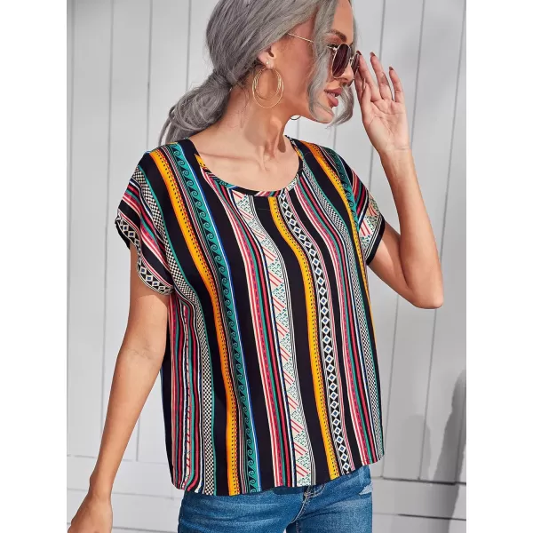 Floerns Women's Short Sleeve Business Casual Tops Graphic Print Office Work Blouse Tops