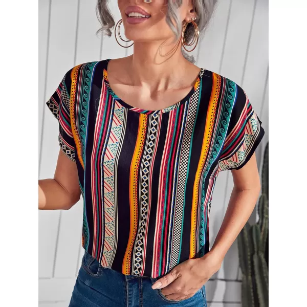 Floerns Women's Short Sleeve Business Casual Tops Graphic Print Office Work Blouse Tops