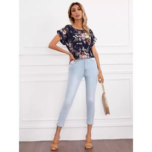 Floerns Women's Short Sleeve Business Casual Tops Graphic Print Office Work Blouse Tops