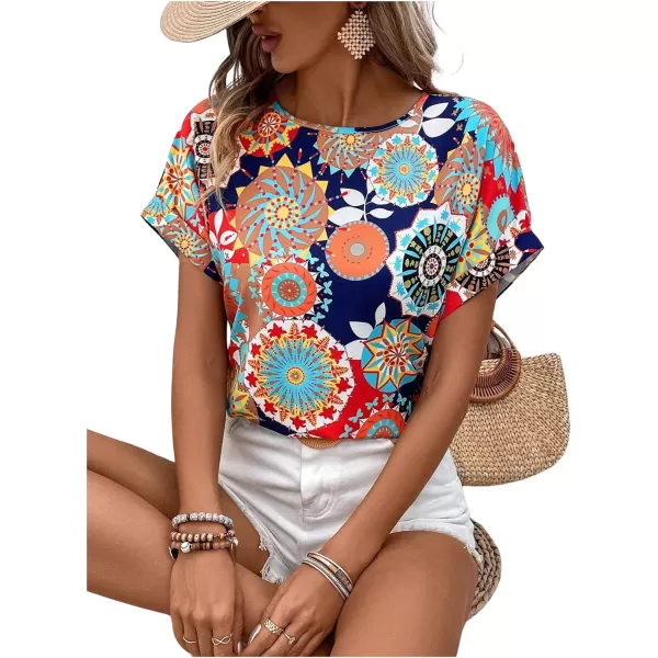 Floerns Women's Short Sleeve Business Casual Tops Graphic Print Office Work Blouse Tops