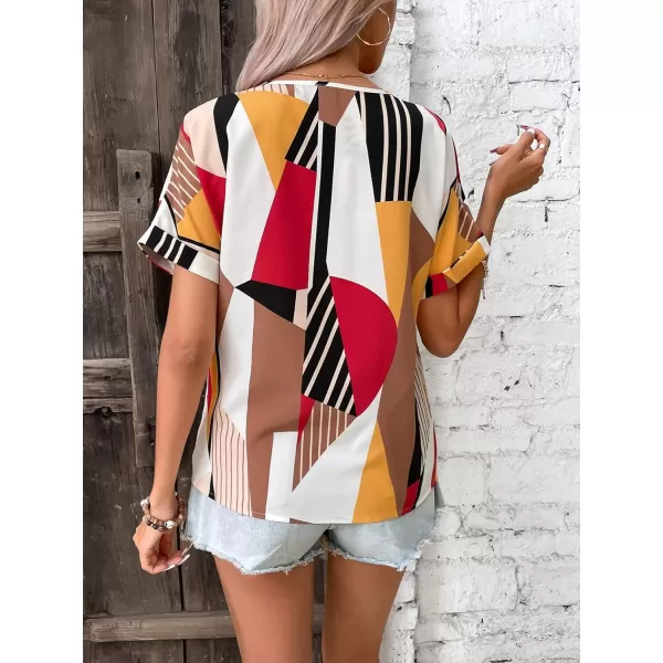 Floerns Women's Short Sleeve Business Casual Tops Graphic Print Office Work Blouse Tops