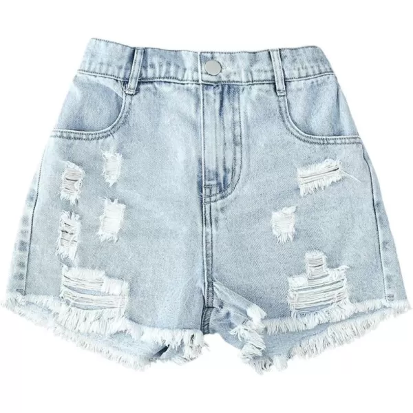 Floerns Girl's Ripped Raw Hem Elastic Waist Straight Leg Denim Shorts with Pockets