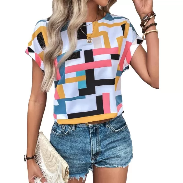 Floerns Women's Short Sleeve Business Casual Tops Graphic Print Office Work Blouse Tops