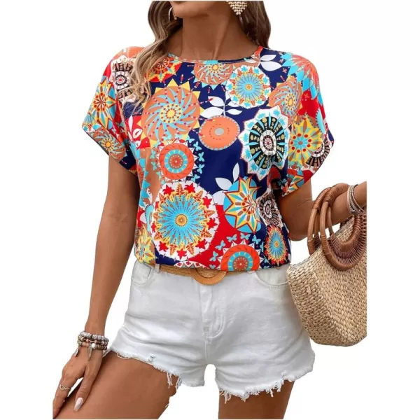 Floerns Women's Short Sleeve Business Casual Tops Graphic Print Office Work Blouse Tops