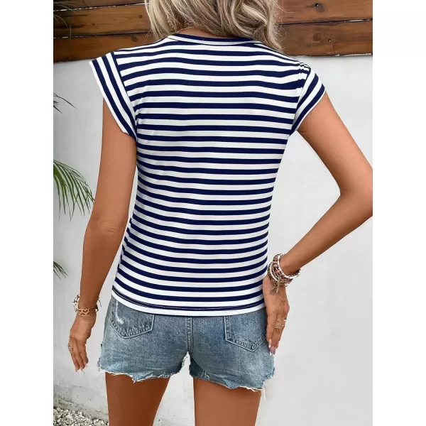 Floerns Women's Casual Cap Sleeve Boat Neck Striped Print Slim Fit Tee Shirt