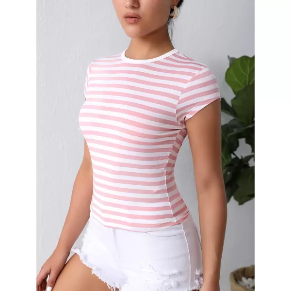 Floerns Women's Casual Cap Sleeve Boat Neck Striped Print Slim Fit Tee Shirt