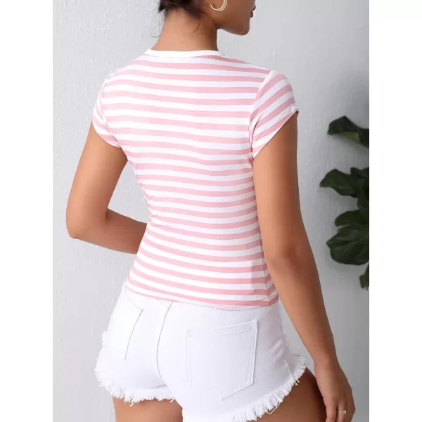 Floerns Women's Casual Cap Sleeve Boat Neck Striped Print Slim Fit Tee Shirt