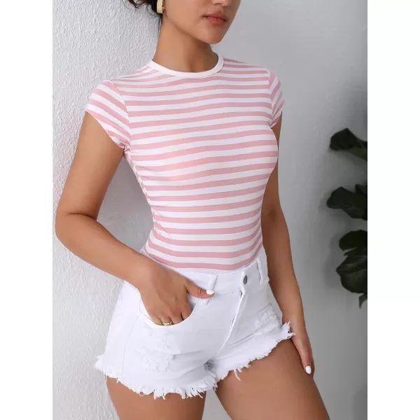 Floerns Women's Casual Cap Sleeve Boat Neck Striped Print Slim Fit Tee Shirt