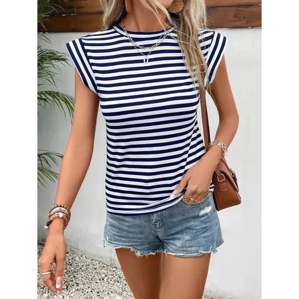 Floerns Women's Casual Cap Sleeve Boat Neck Striped Print Slim Fit Tee Shirt