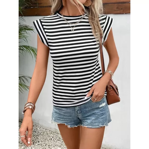 Floerns Women's Casual Cap Sleeve Boat Neck Striped Print Slim Fit Tee Shirt