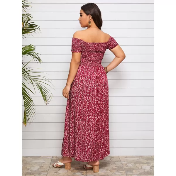 Floerns Womens Boho Floral Print Off Shoulder Split Long A Line DressA Red Plus