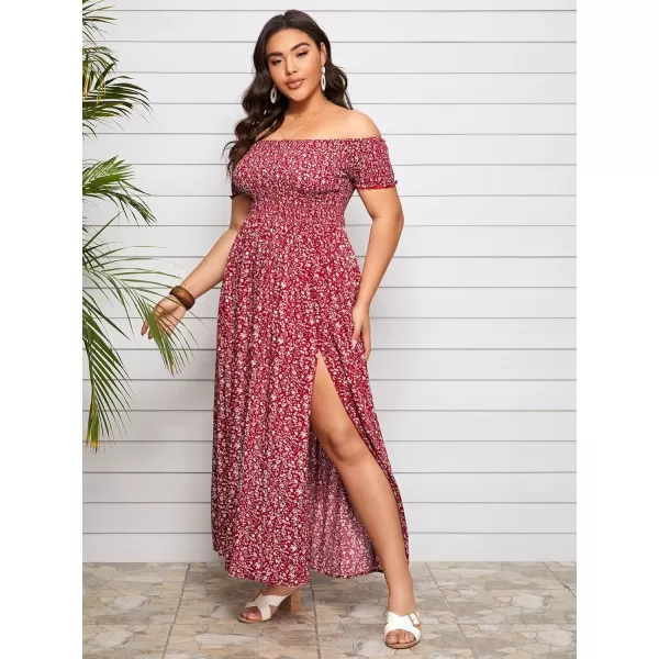 Floerns Womens Boho Floral Print Off Shoulder Split Long A Line DressA Red Plus