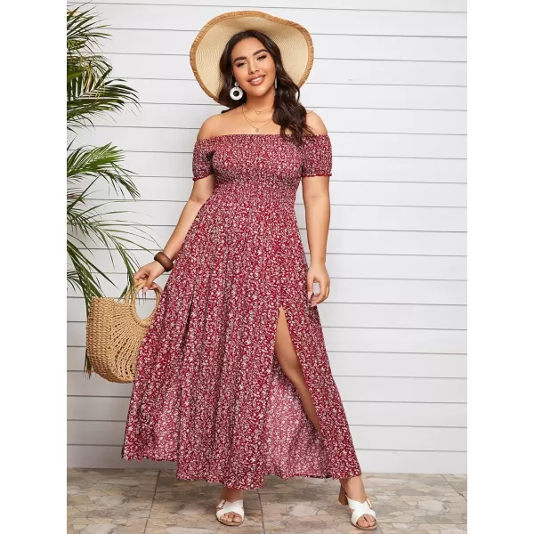 Floerns Womens Boho Floral Print Off Shoulder Split Long A Line DressA Red Plus