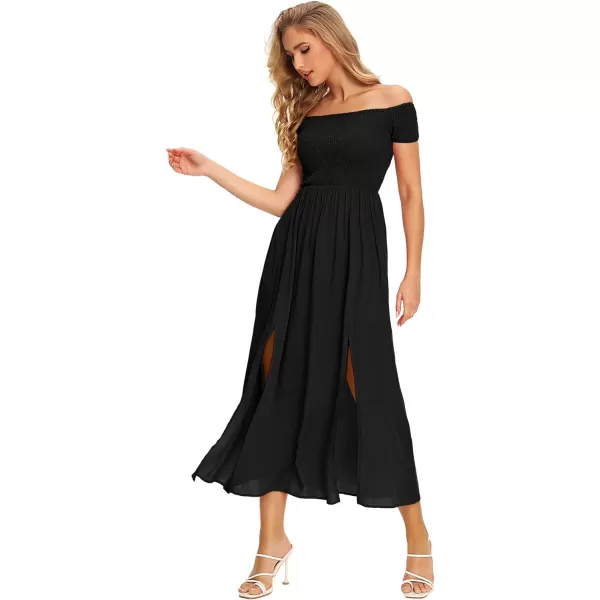 Floerns Womens Boho Floral Print Off Shoulder Split Long A Line DressA Solid Black