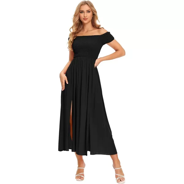Floerns Womens Boho Floral Print Off Shoulder Split Long A Line DressA Solid Black