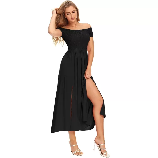 Floerns Womens Boho Floral Print Off Shoulder Split Long A Line DressA Solid Black