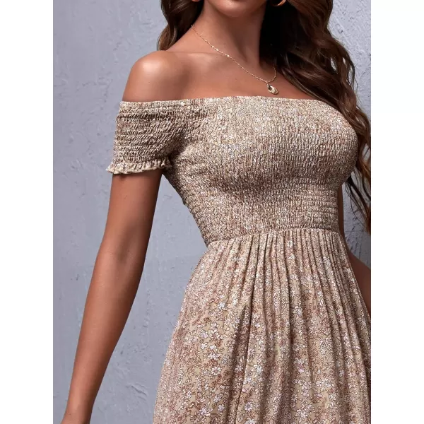 Floerns Womens Boho Floral Print Off Shoulder Split Long A Line DressApricot