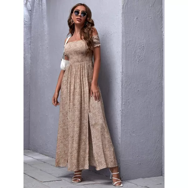 Floerns Womens Boho Floral Print Off Shoulder Split Long A Line DressApricot