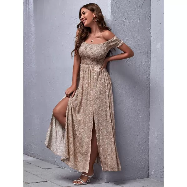 Floerns Womens Boho Floral Print Off Shoulder Split Long A Line DressApricot