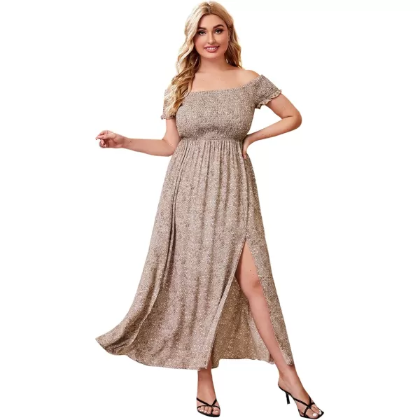 Floerns Womens Boho Floral Print Off Shoulder Split Long A Line DressBeige Plus