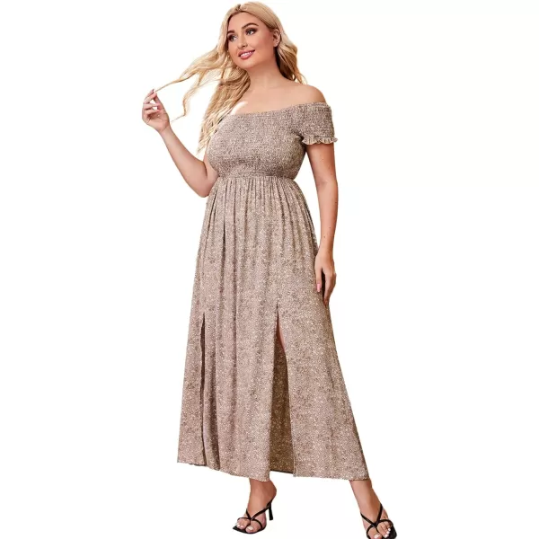 Floerns Womens Boho Floral Print Off Shoulder Split Long A Line DressBeige Plus