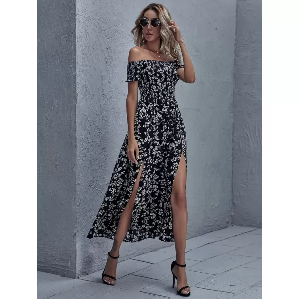 Floerns Womens Boho Floral Print Off Shoulder Split Long A Line DressBlack