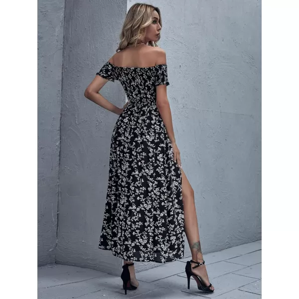 Floerns Womens Boho Floral Print Off Shoulder Split Long A Line DressBlack