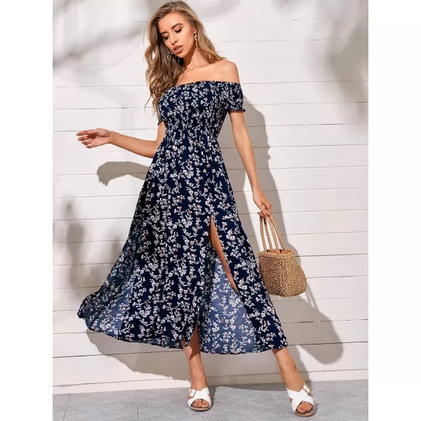 Floerns Womens Boho Floral Print Off Shoulder Split Long A Line DressBlue