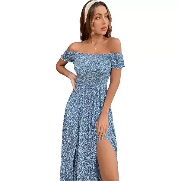 Floerns Womens Boho Floral Print Off Shoulder Split Long A Line DressBlue Floral Multi