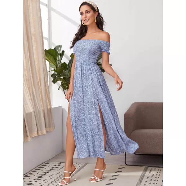 Floerns Womens Boho Floral Print Off Shoulder Split Long A Line DressBlue Flower