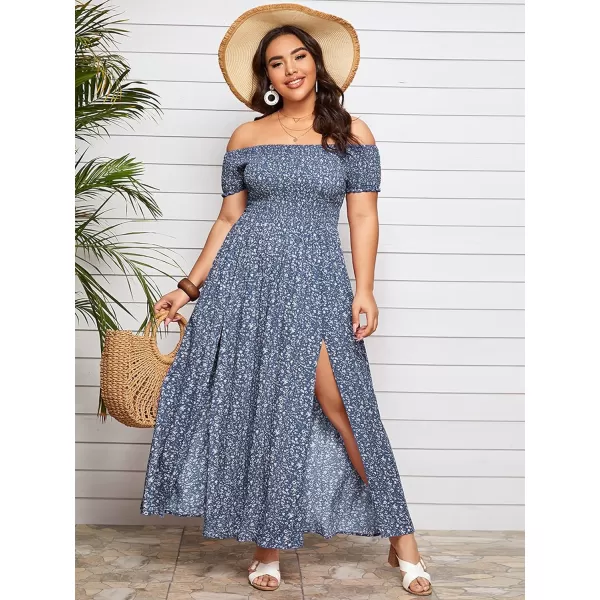 Floerns Womens Boho Floral Print Off Shoulder Split Long A Line DressBlue Plus