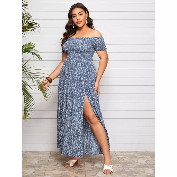Floerns Womens Boho Floral Print Off Shoulder Split Long A Line DressBlue Plus