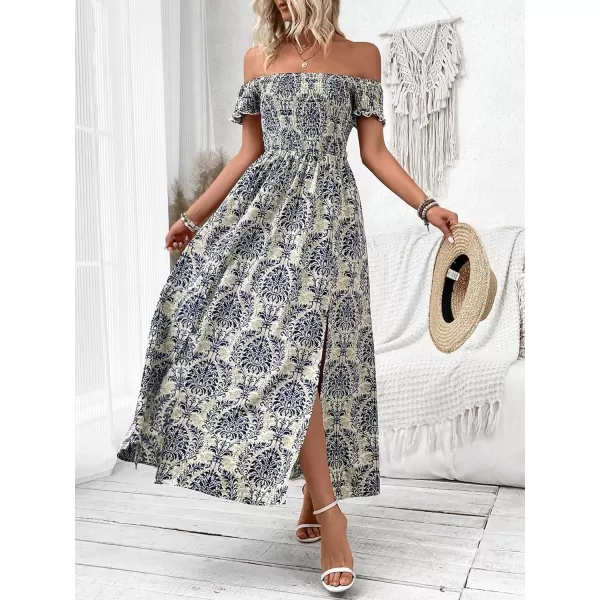 Floerns Womens Boho Floral Print Off Shoulder Split Long A Line DressBlue Tribal Multi