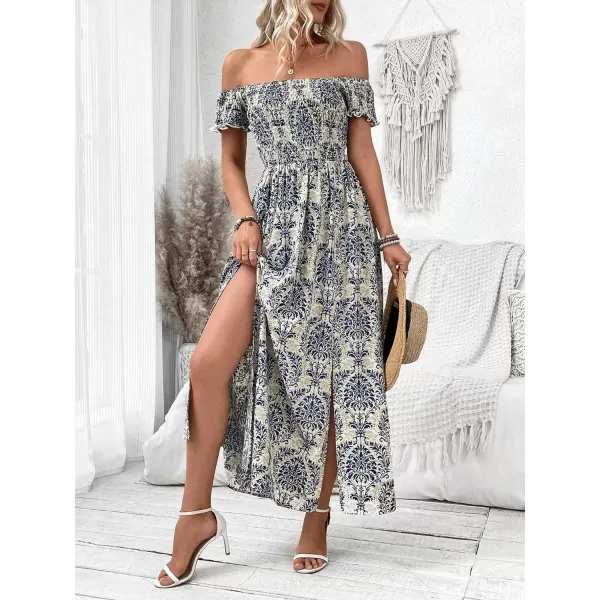 Floerns Womens Boho Floral Print Off Shoulder Split Long A Line DressBlue Tribal Multi