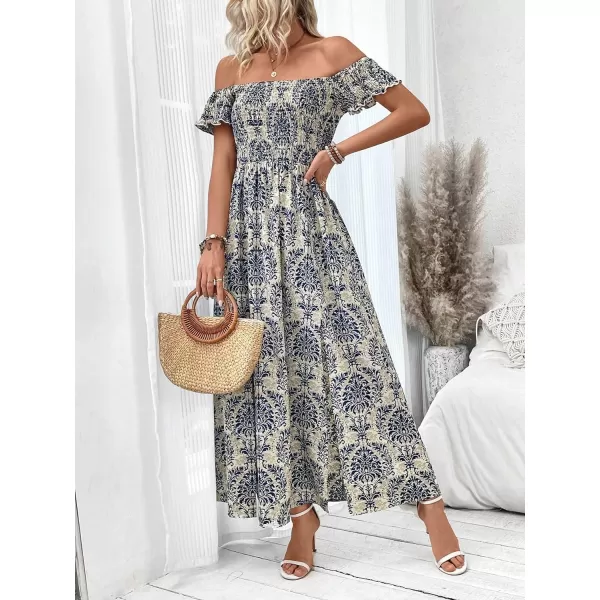 Floerns Womens Boho Floral Print Off Shoulder Split Long A Line DressBlue Tribal Multi