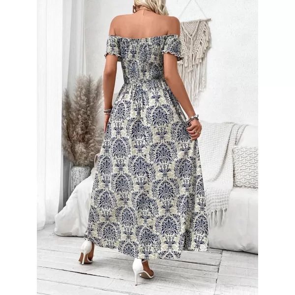 Floerns Womens Boho Floral Print Off Shoulder Split Long A Line DressBlue Tribal Multi
