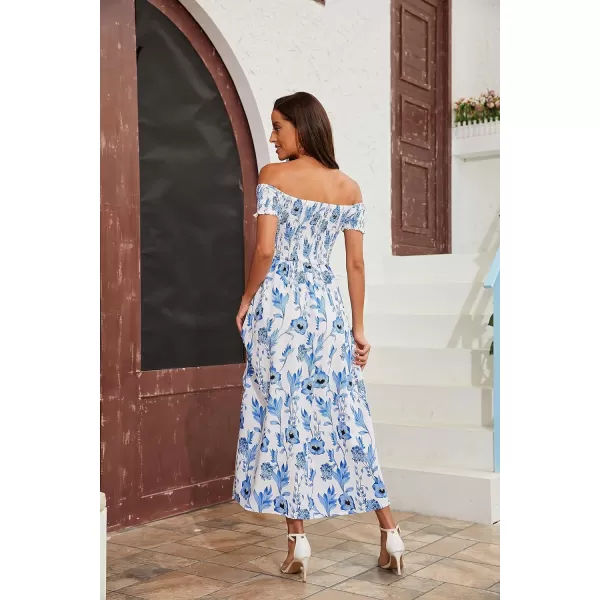 Floerns Womens Boho Floral Print Off Shoulder Split Long A Line DressBlue White