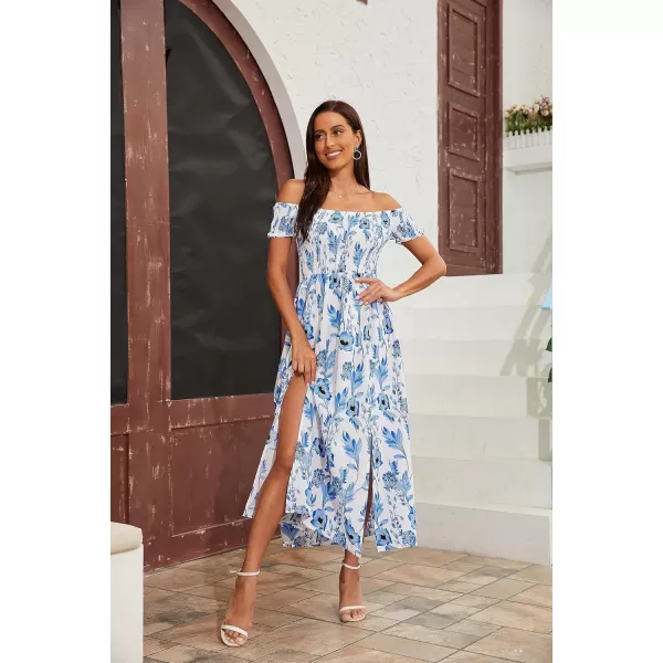 Floerns Womens Boho Floral Print Off Shoulder Split Long A Line DressBlue White