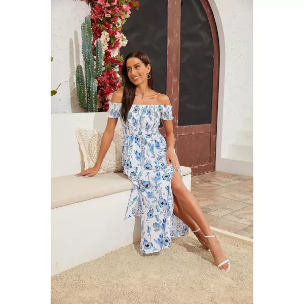 Floerns Womens Boho Floral Print Off Shoulder Split Long A Line DressBlue White